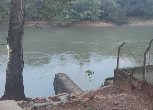 O rio Mogi-Guaçu em Cachoeira de Emas: água esverdeada, corredeiras rasas e mata densa na margem oposta.