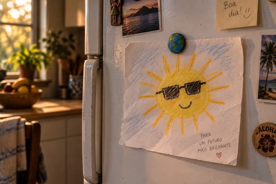Um desenho infantil de um sol de óculos escuros, preso na porta de uma geladeira, com os dizeres 'Para um futuro mais brilhante'.