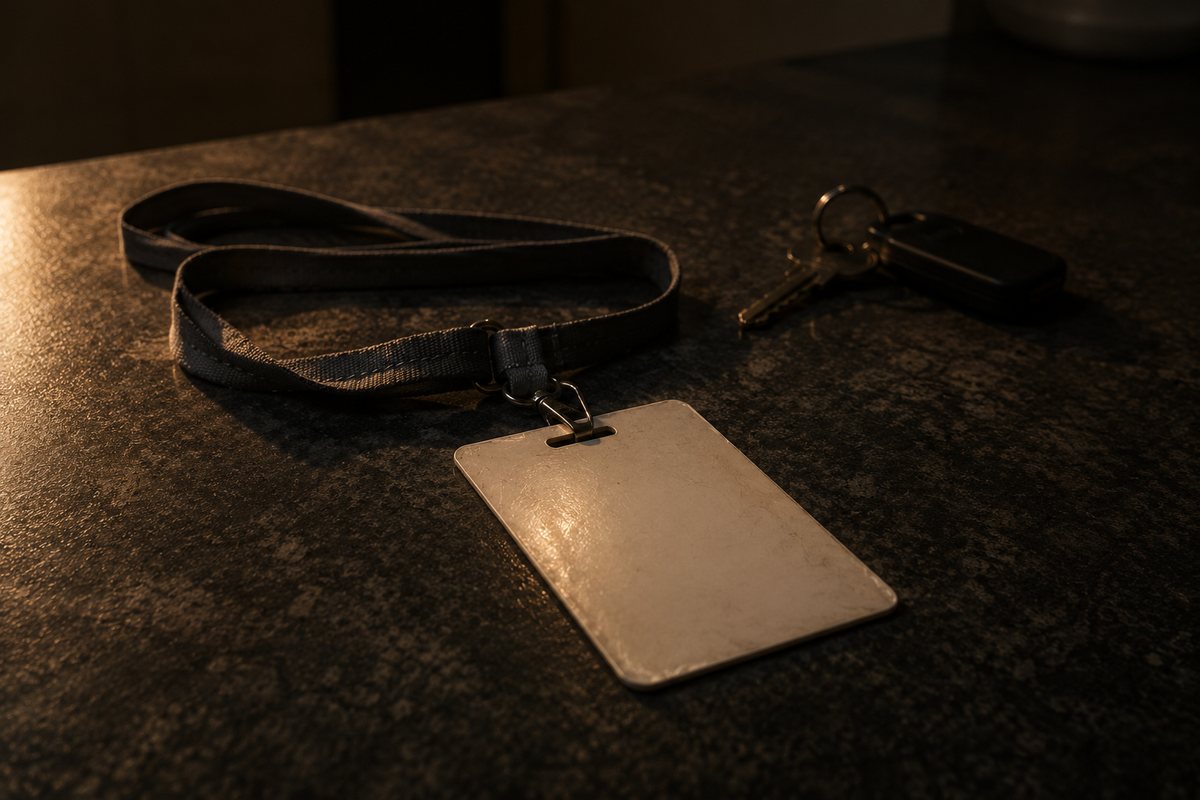 Um crachá de identificação com cordão, pousado num balcão escuro ao lado de um molho de chaves, sob luz baixa.