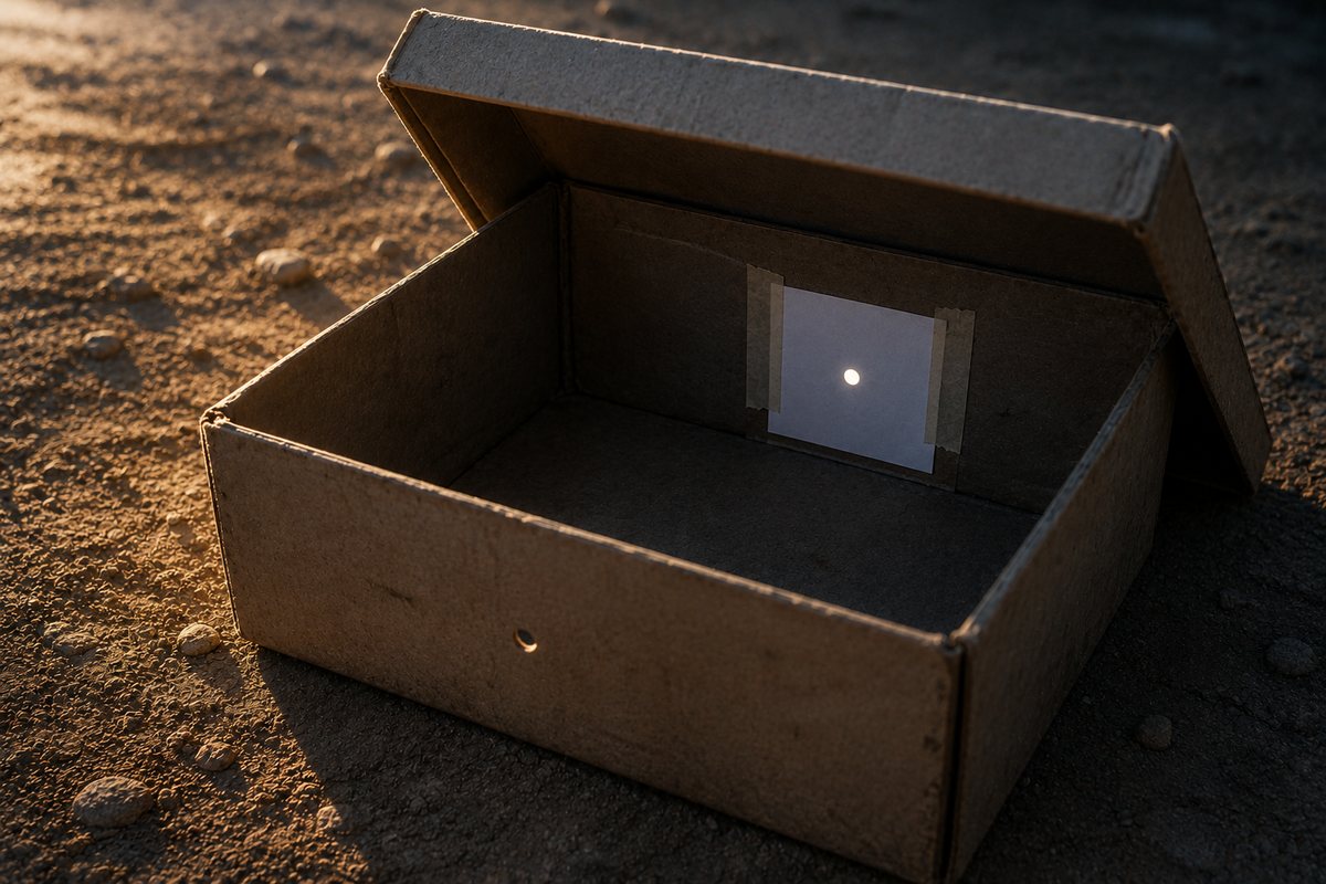 Uma caixa de sapato aberta sobre a terra batida, com um pequeno furo numa parede e um disco de luz projetado num papel branco na parede oposta.