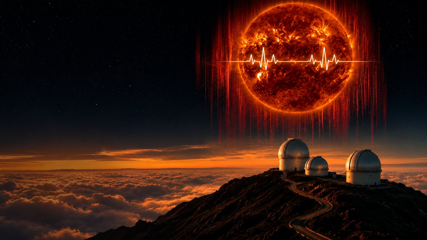O cume de um observatório acima do mar de nuvens ao pôr do sol. No céu escuro, um Sol imenso atravessado por uma única linha de eletrocardiograma.