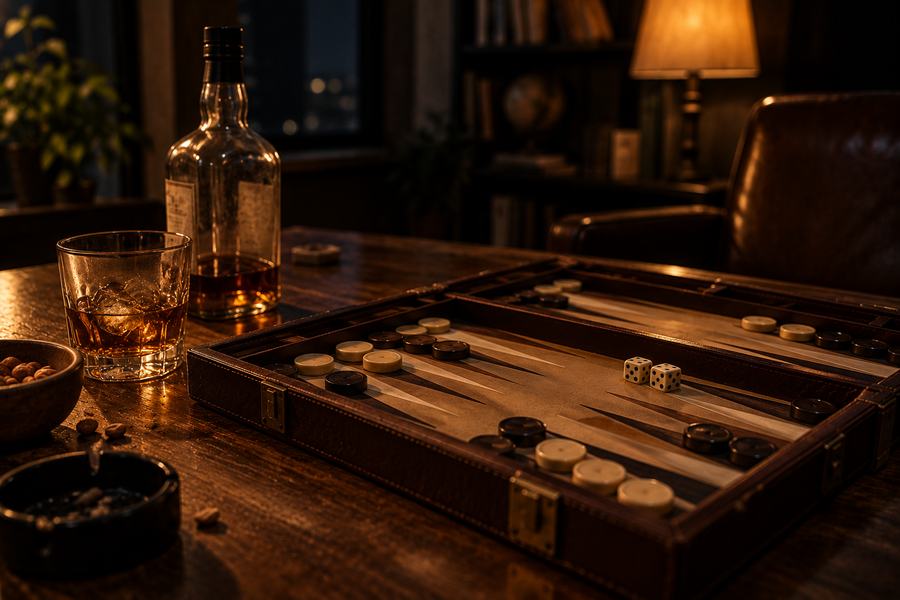 Um tabuleiro de gamão de couro aberto sobre uma mesa de madeira, peças em jogo, um copo de uísque e uma garrafa ao lado, luz baixa de fim de noite.