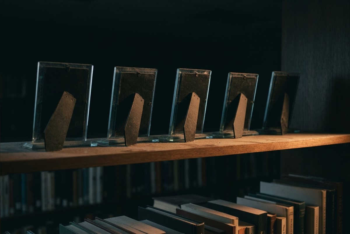 Uma fileira de prêmios sobre uma prateleira de madeira, todos virados de costas para quem olha, acima de estantes de livros.